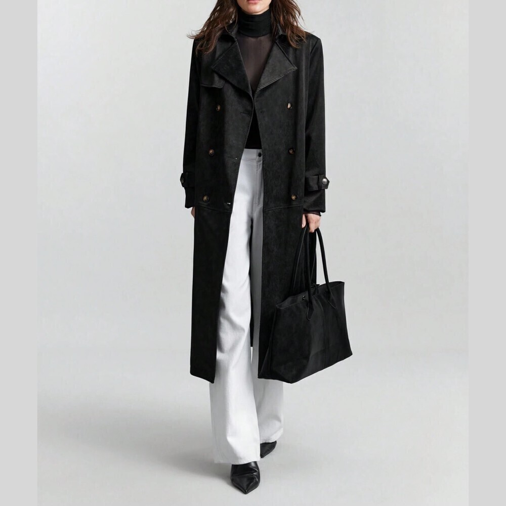 Black Faux Suede Leather Trench Coat - Double Breasted Midi
